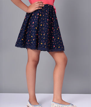 Girls Blue Printed Flared Skirt