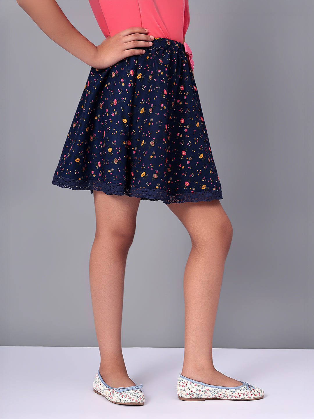 Girls Blue Printed Flared Skirt