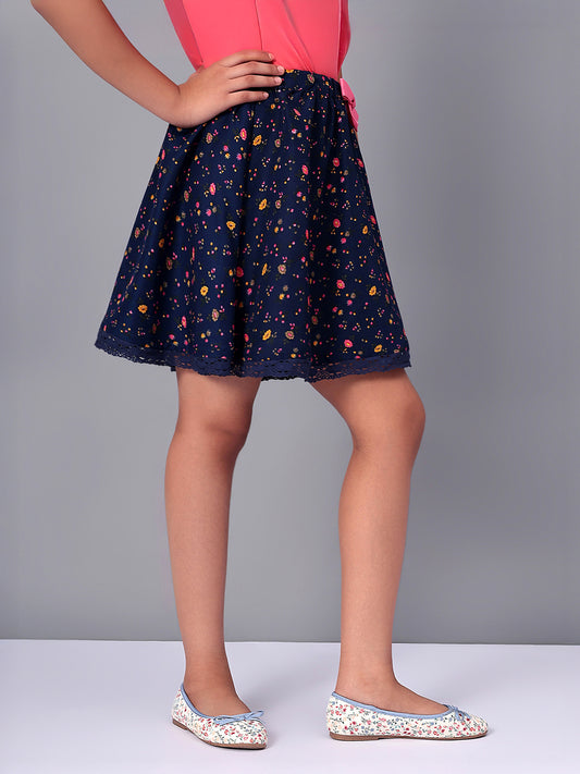 Girls Blue Printed Flared Skirt