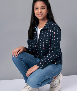 Girls Navy Blue Printed Flannel Jacket