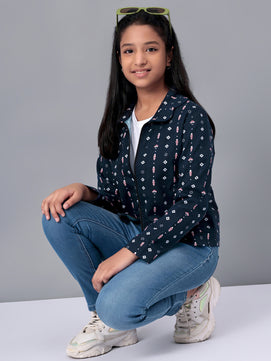 Girls Navy Blue Printed Flannel Jacket