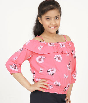 Girls Pink Printed Blouson Top