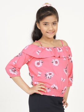Girls Pink Printed Blouson Top