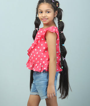 Girls Pink Polka Dotted Georgette Top