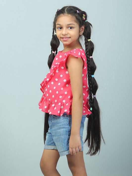 Girls Pink Polka Dotted Georgette Top