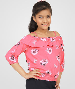 Girls Pink Printed Blouson Top