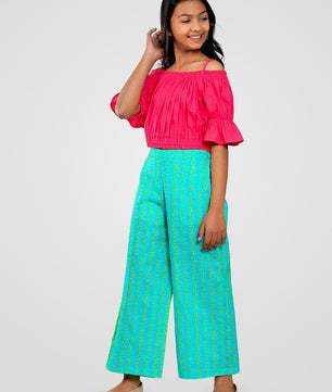 Girls Pink and Green Cotton Top & Palazzo Set