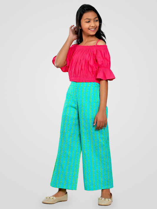 Girls Pink and Green Cotton Top & Palazzo Set