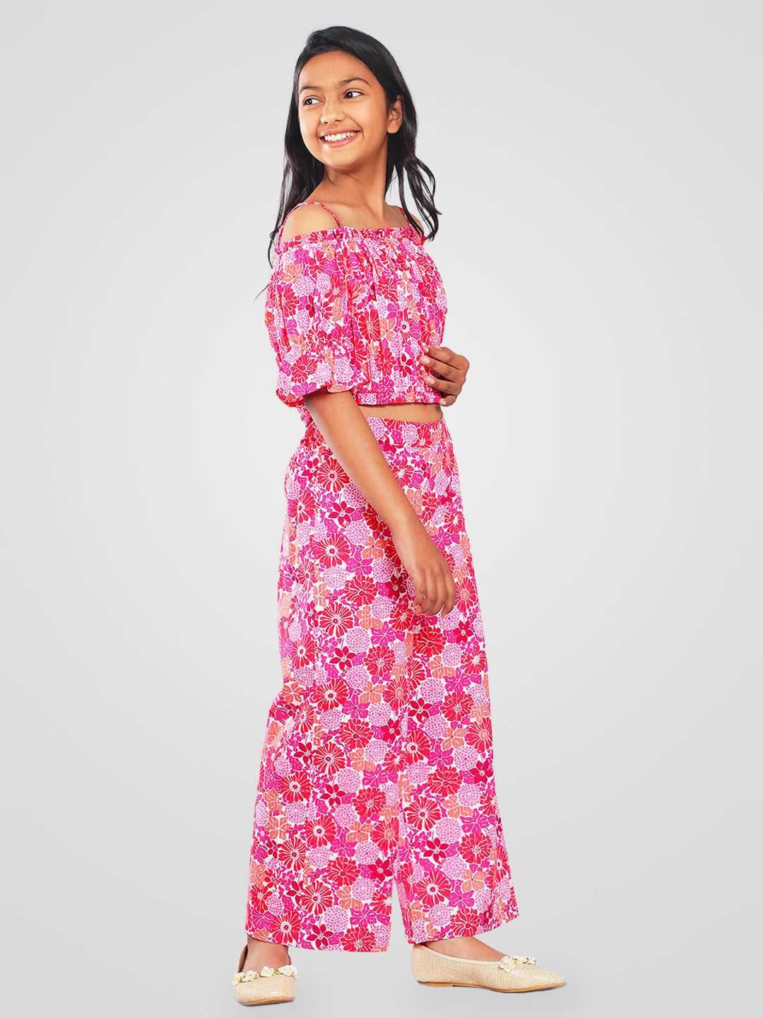 Girls Multicolored Printed Cotton Top and Palazzo Set