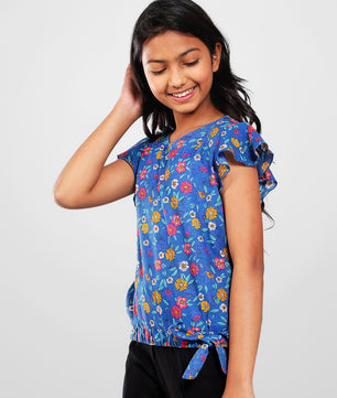 Girls Blue Printed Cotton Top
