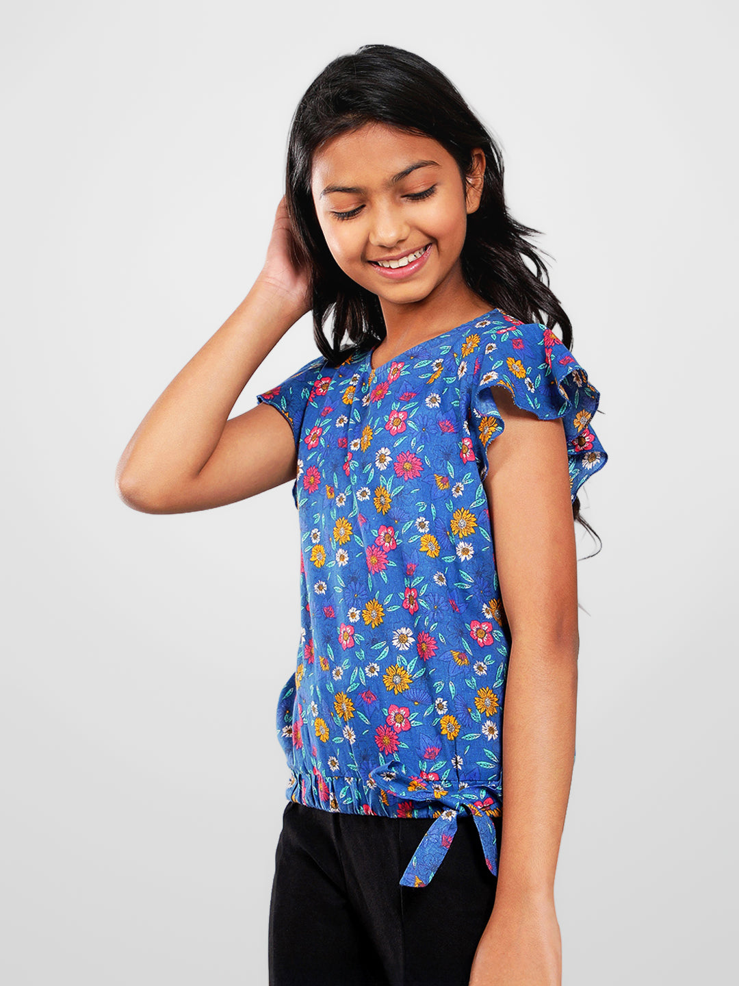 Girls Blue Printed Cotton Top