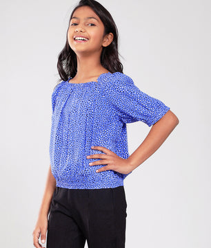 Girls Blue Printed Rayon Top