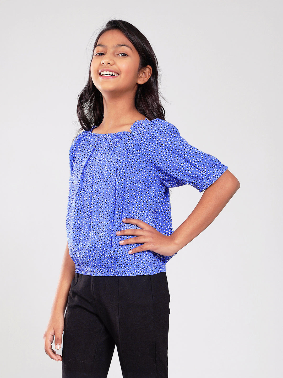 Girls Blue Printed Rayon Top