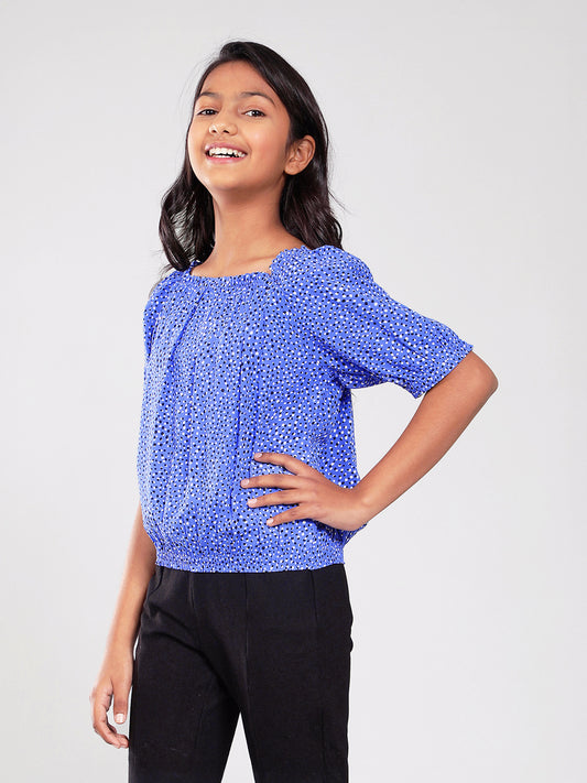 Girls Blue Printed Rayon Top