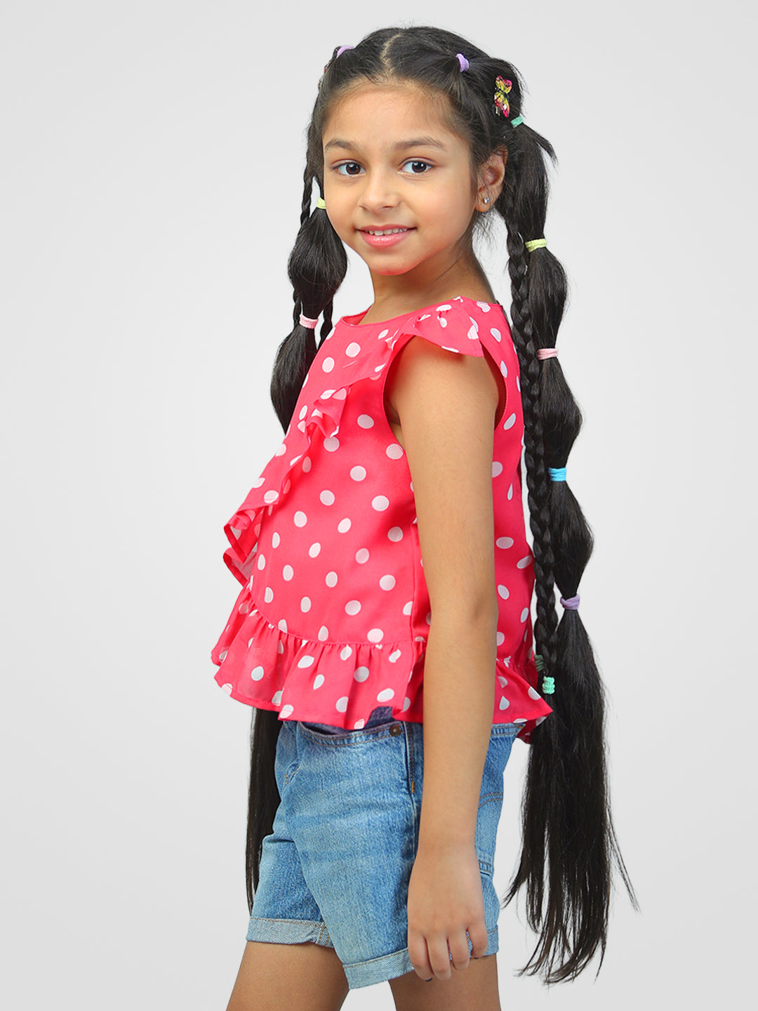 Girls Pink Polka Dotted Georgette Top