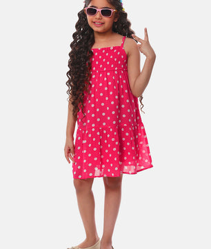 Girls Pink Polka Dotted Tiered Dress