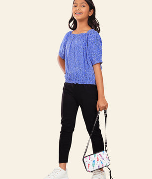 Girls Blue Printed Rayon Top