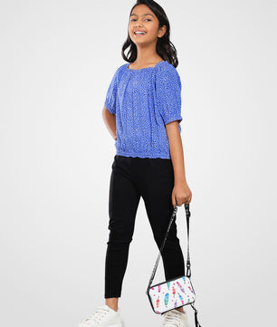 Girls Blue Printed Rayon Top