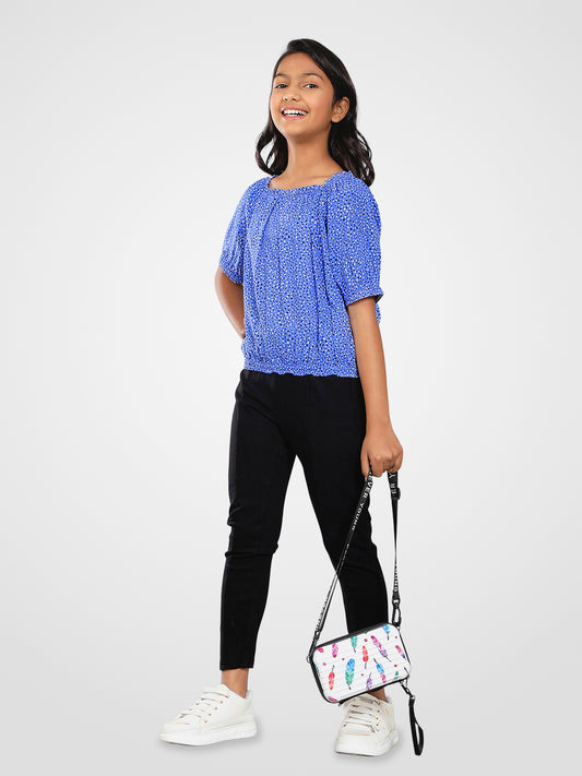 Girls Blue Printed Rayon Top
