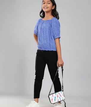 Girls Blue Printed Rayon Top