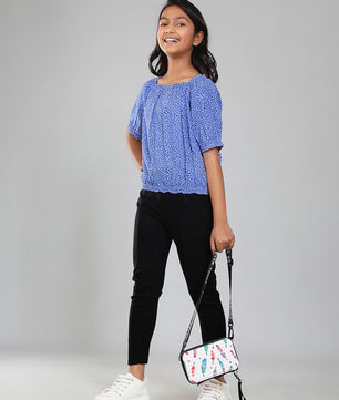 Girls Blue Printed Rayon Top