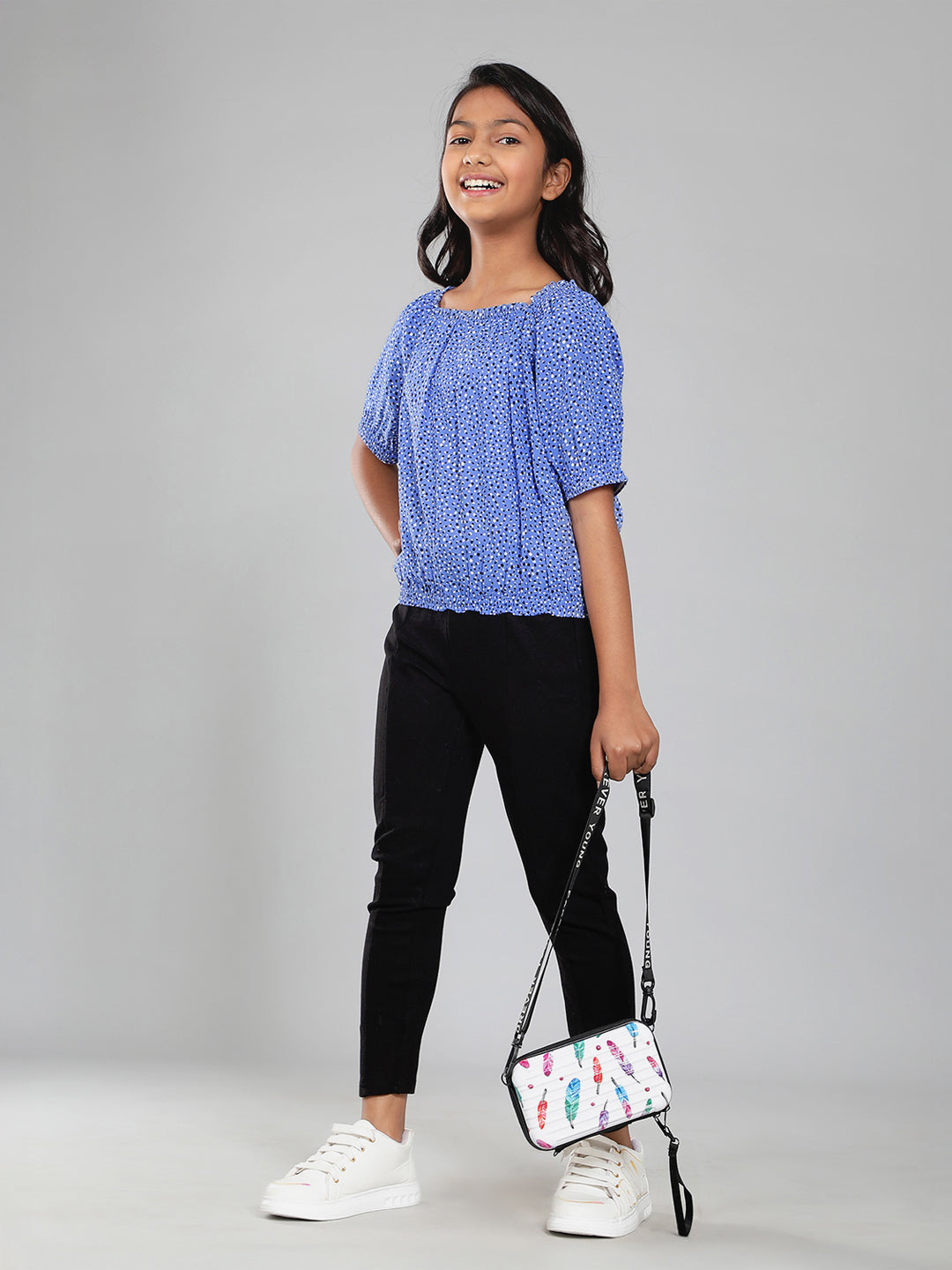 Girls Blue Printed Rayon Top