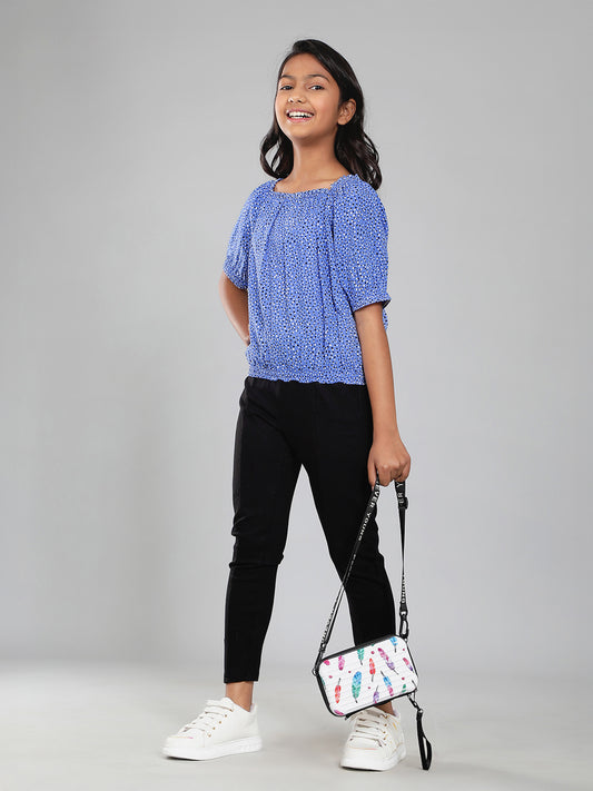 Girls Blue Printed Rayon Top