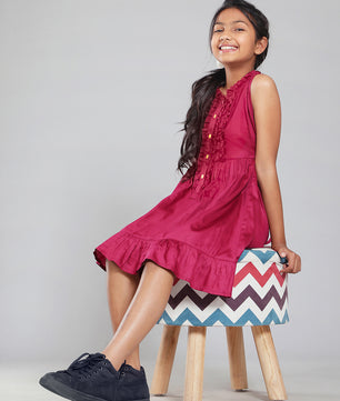 Girls Cotton Satin Dress in Wine Color