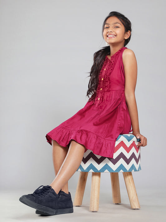 Girls Cotton Satin Dress in Wine Color