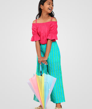 Girls Pink and Green Cotton Top & Palazzo Set