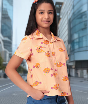 Girls Shirt Style Short Sleeves Printed Cotton Top