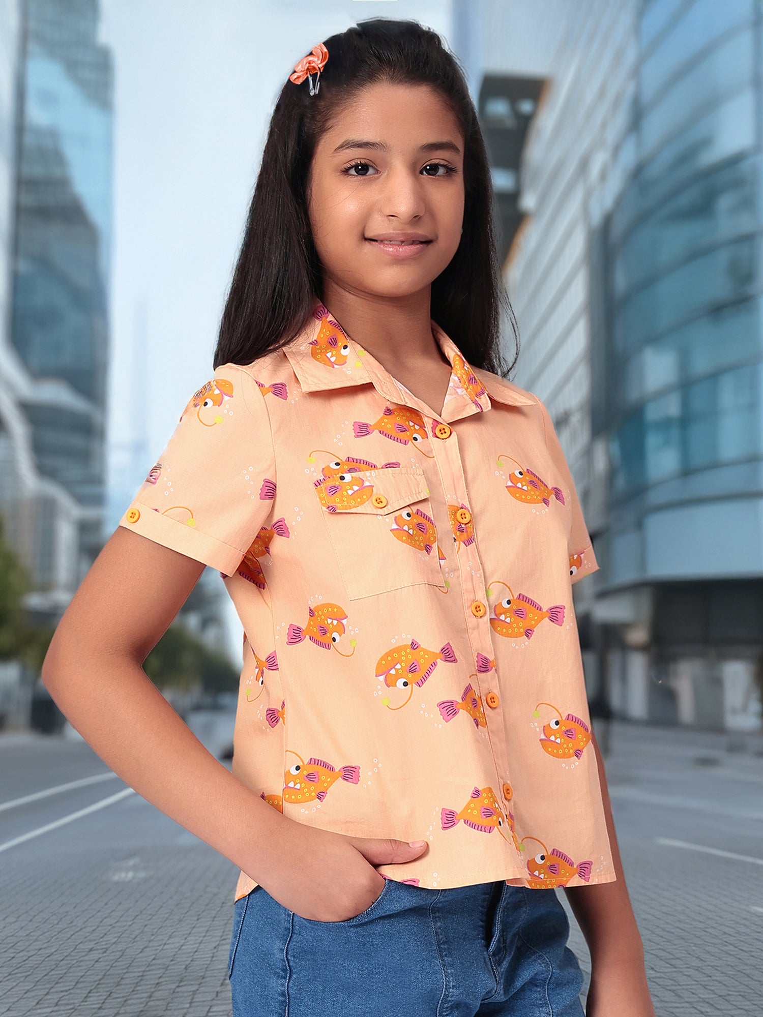 Girls Shirt Style Short Sleeves Printed Cotton Top