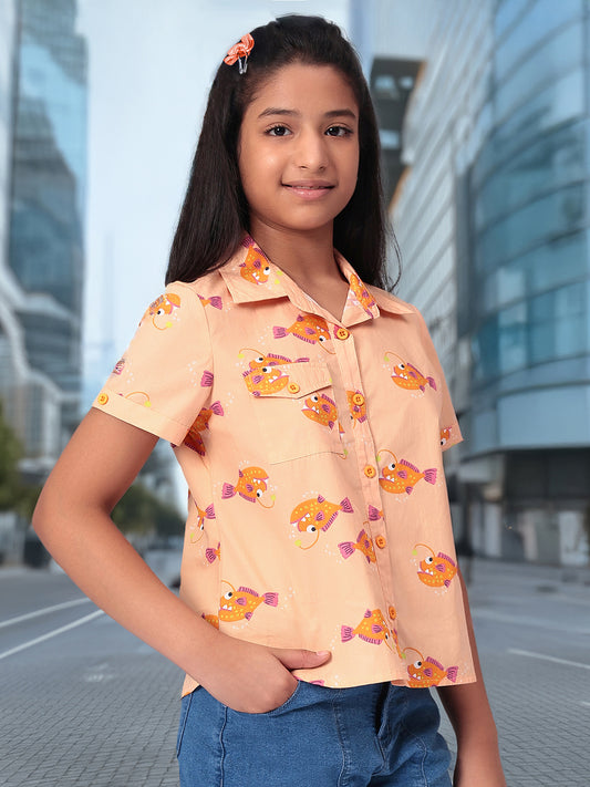 Girls Shirt Style Short Sleeves Printed Cotton Top