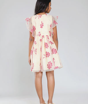 Girls Beige and Magenta Glitter Dress with Ruffles