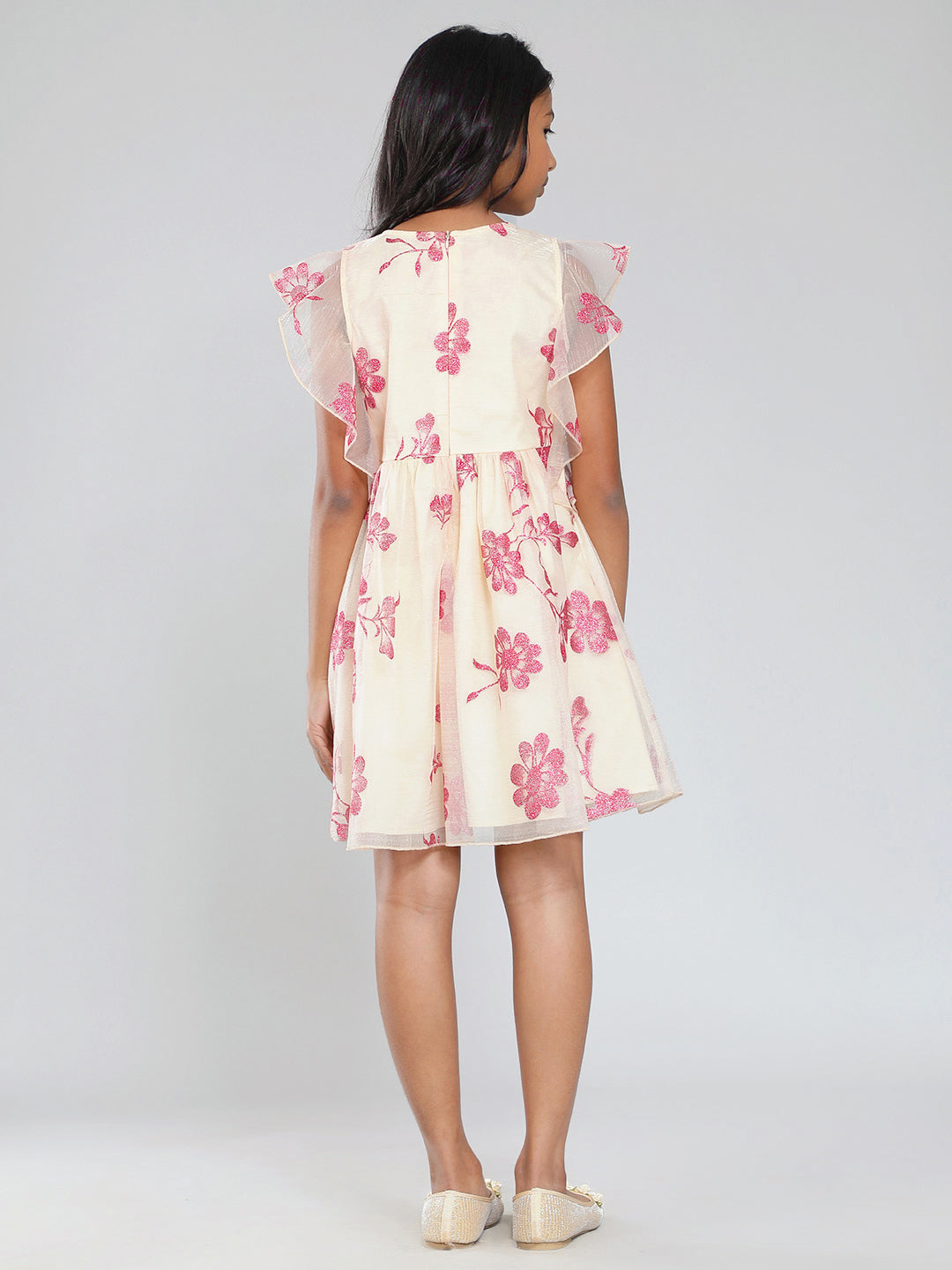 Girls Beige and Magenta Glitter Dress with Ruffles