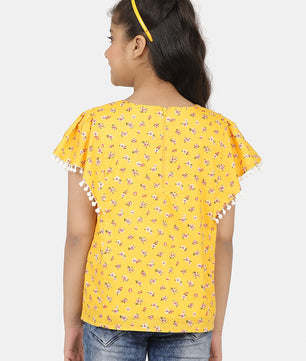 Girls Yellow Printed Cotton Top