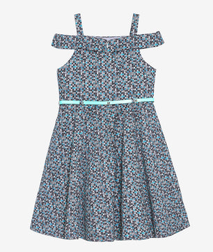 Girls Cold Shoulder Printed Cotton Satin Dress