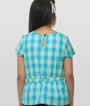 Girls Turquoise Blue Checked Cotton Top