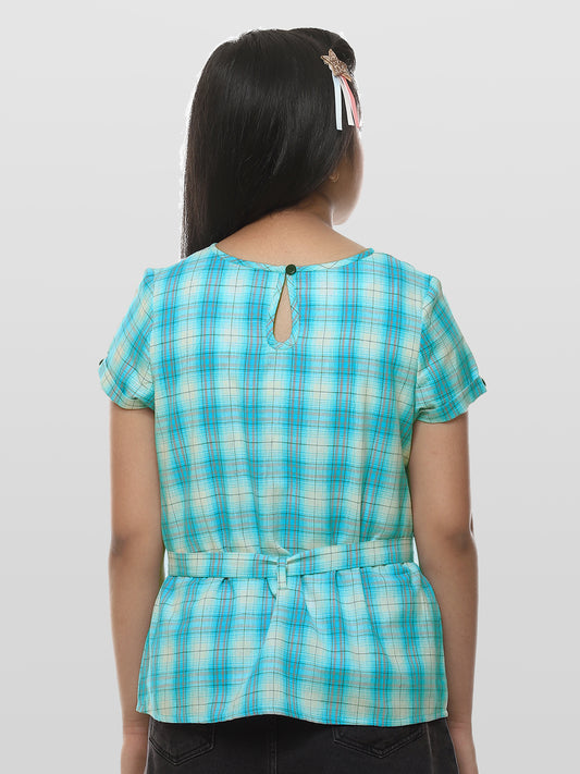 Girls Turquoise Blue Checked Cotton Top