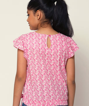 Girls Pink Printed Cotton Top