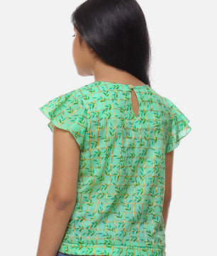 Girls Sea Green Printed Cotton