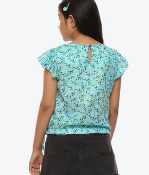 Girls Blue Printed Cotton Top