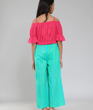 Girls Pink and Green Cotton Top & Palazzo Set