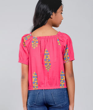 Girls Pink Printed Cotton Top