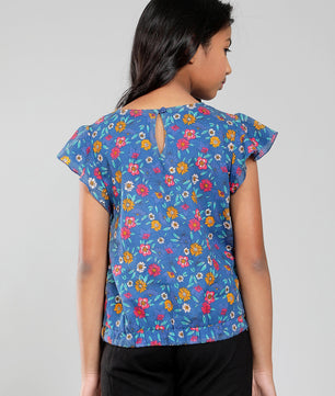 Girls Blue Printed Cotton Top