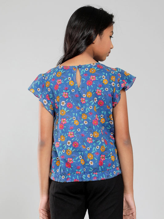 Girls Blue Printed Cotton Top