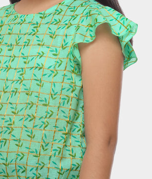 Girls Sea Green Printed Cotton
