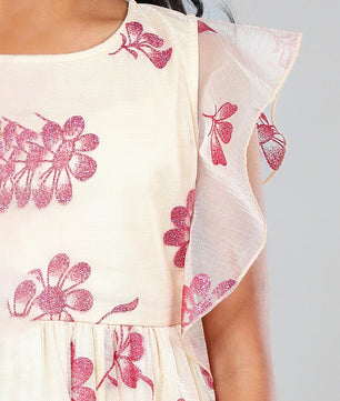 Girls Beige and Magenta Glitter Dress with Ruffles