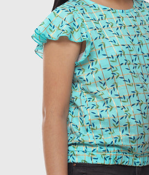 Girls Blue Printed Cotton Top