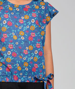 Girls Blue Printed Cotton Top